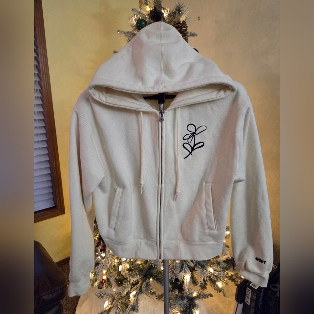 Obey Cream Hoodie with Embroidered Logo - Medium
